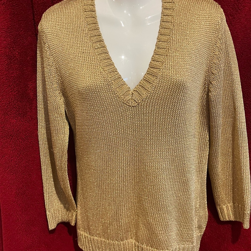 Holiday Ralph Lauren Gold Sparkle Heavy Knit V Neck 3/4 Sleeve Sweater Med NWOT
